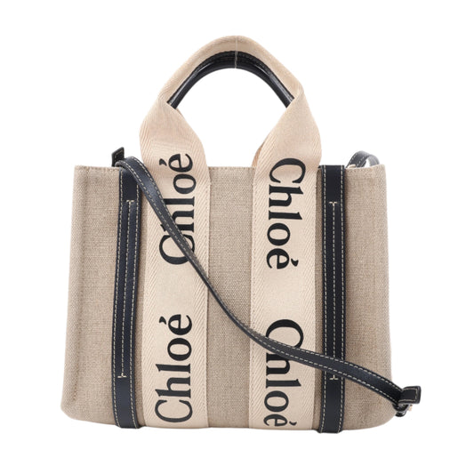 Chloé Woody Kleine 2-Wege-Handtasche aus Canvas und Leder in Beige x Schwarz