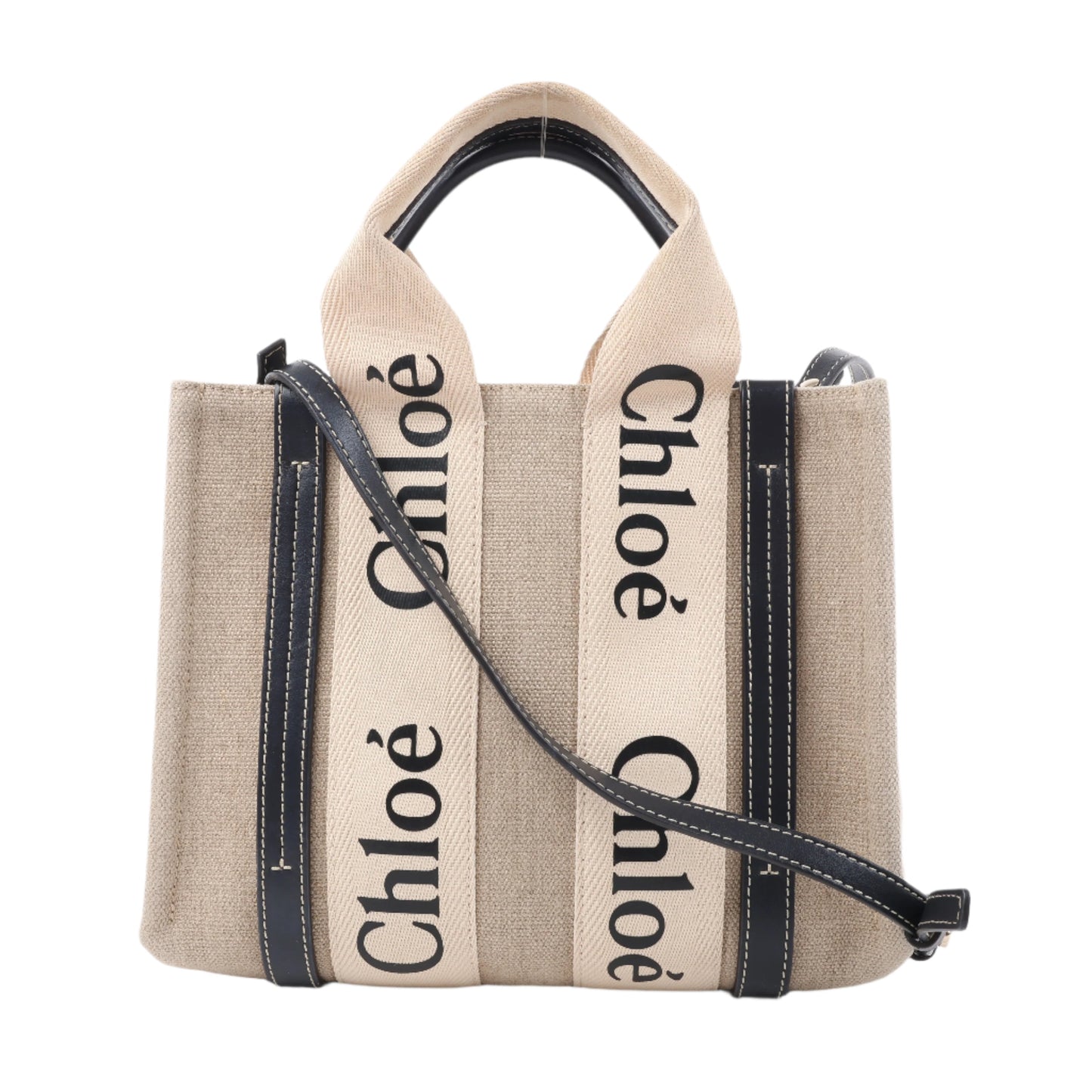 Chloé Woody Small Canvas & Leather 2Way Handbag in Beige x Black