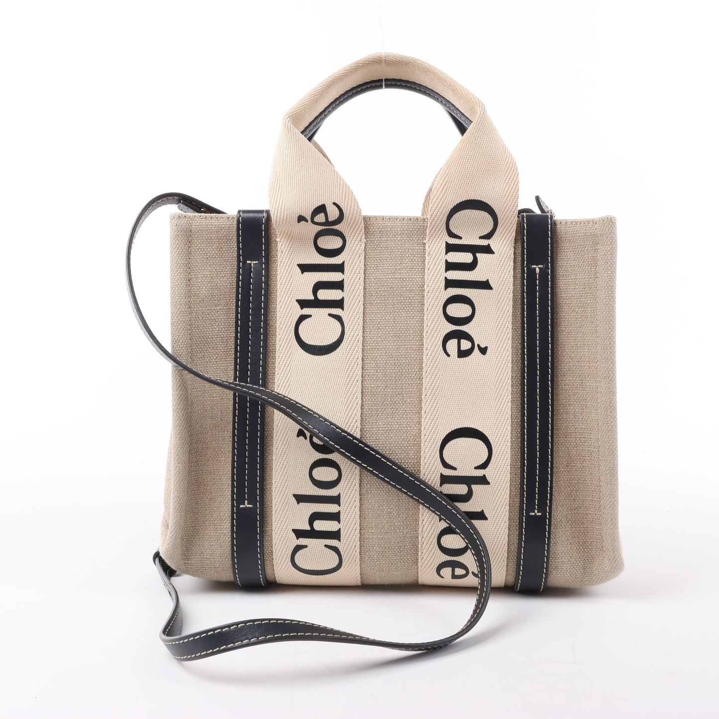 Chloé Woody Small Canvas & Leather 2Way Handbag in Beige x Black