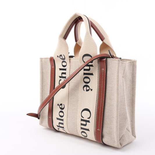 Chloé Woody Small Canvas & Leather 2Way Handbag in Beige x Brown