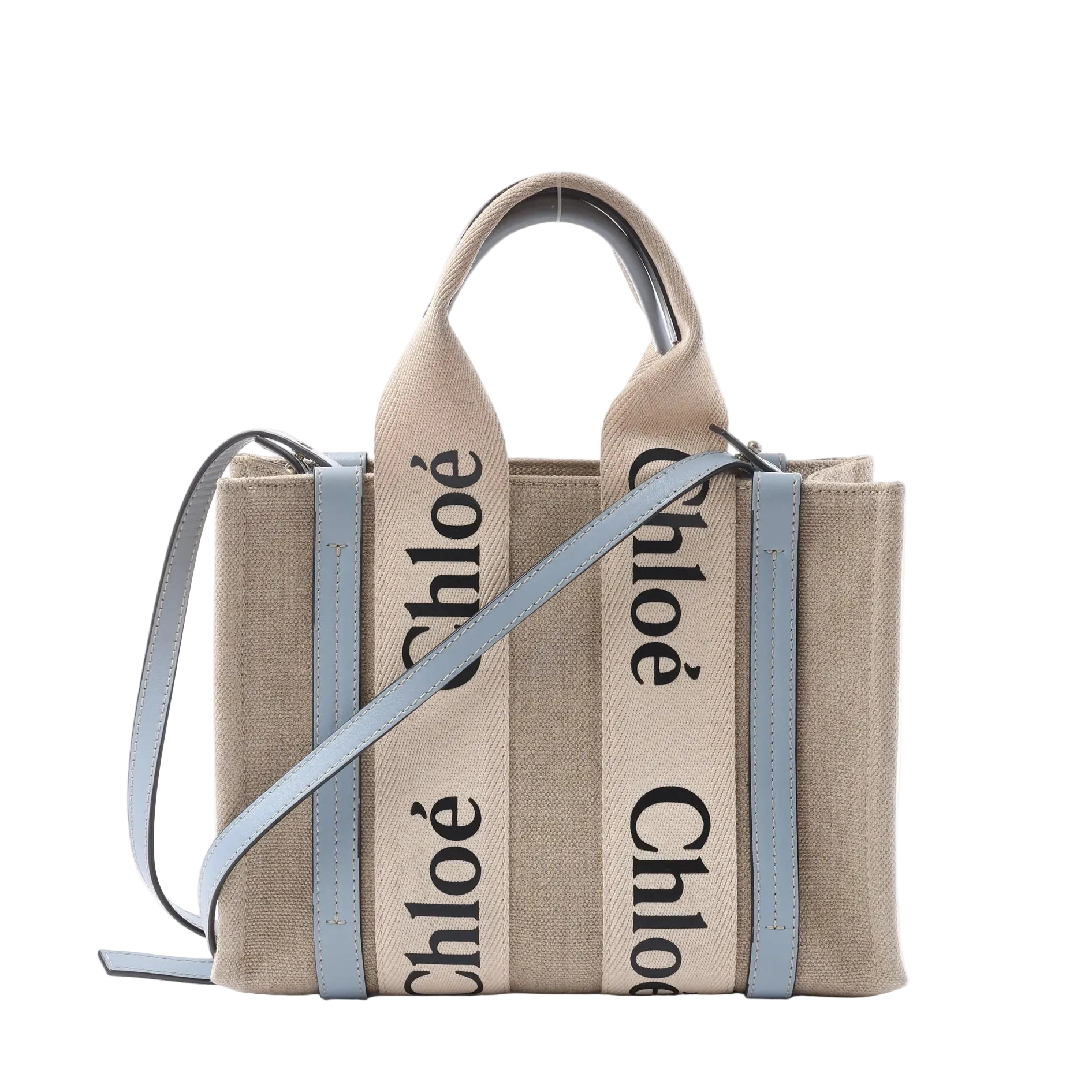 Chloé Woody Small handbag in beige canvas with light blue leather trim, black logo webbing handles and a detachable shoulder strap.