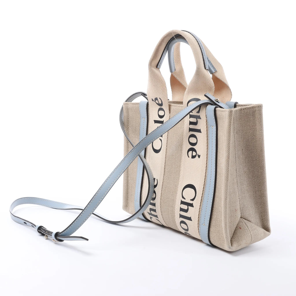 Chloé Woody Small Canvas & Leather 2Way Handbag in Beige x Blue