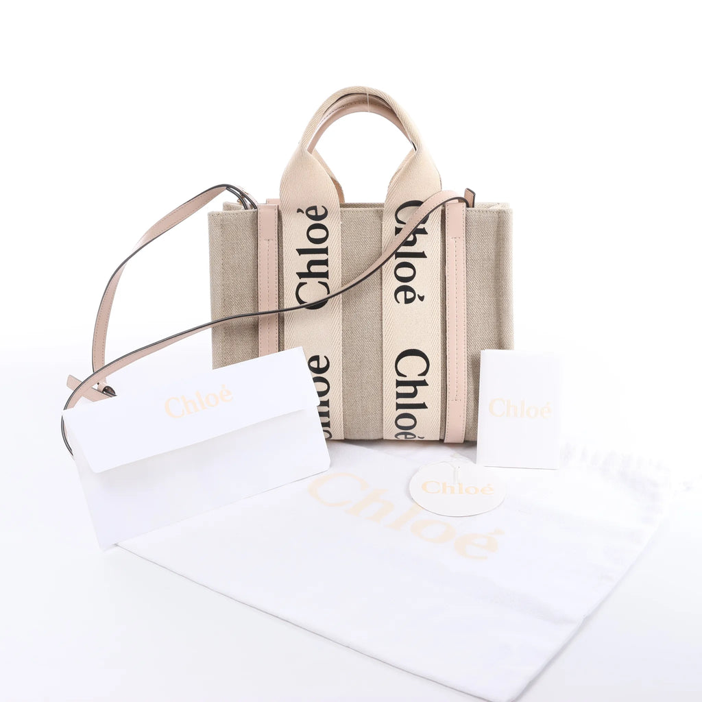 Chloé Woody Small Canvas & Leather 2Way Handbag in Beige x Pink