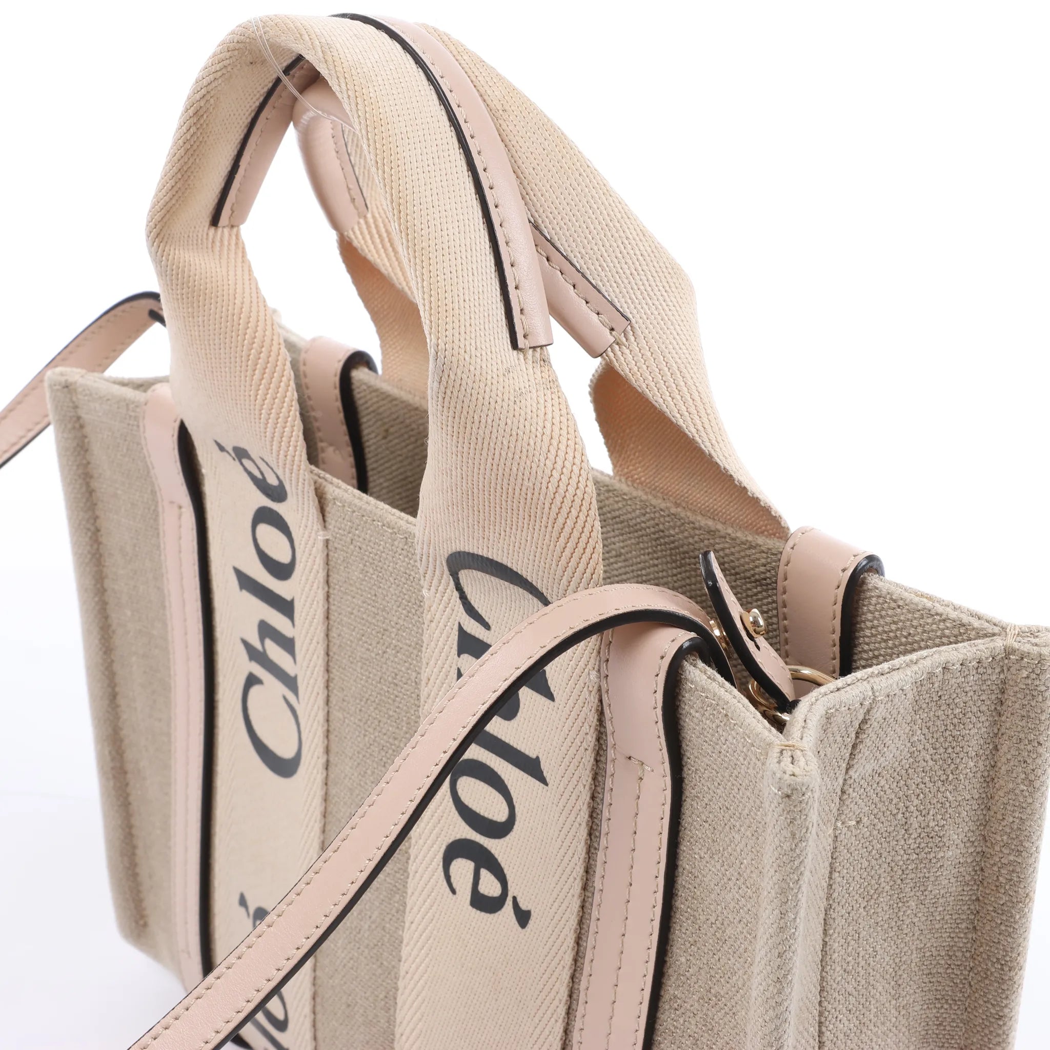 Chloé Woody Small Canvas & Leather 2Way Handbag in Beige x Pink