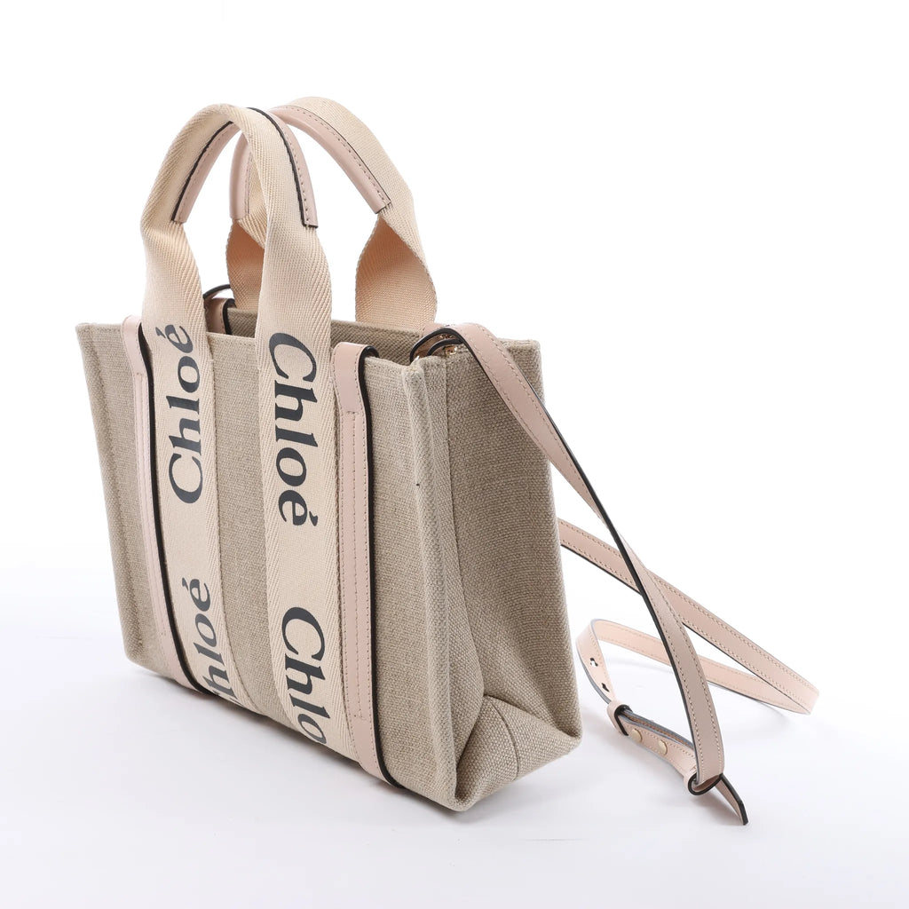 Chloé Woody Small Canvas & Leather 2Way Handbag in Beige x Pink