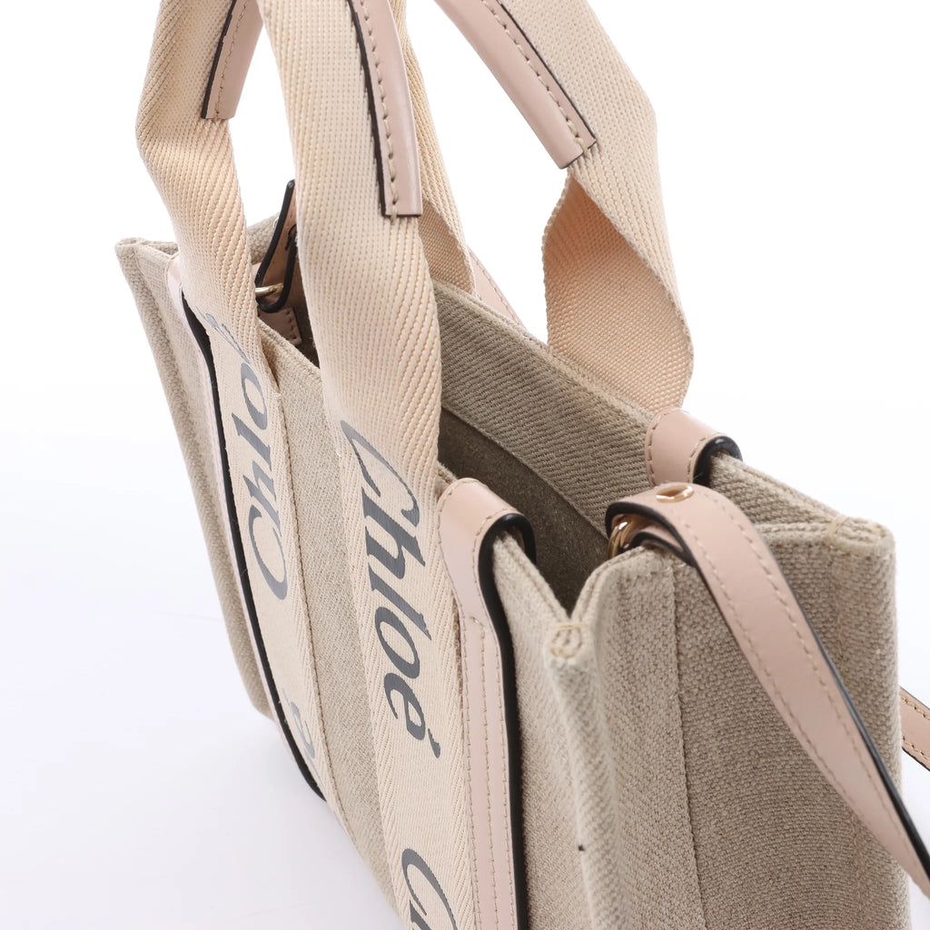 Chloé Woody Small Canvas & Leather 2Way Handbag in Beige x Pink