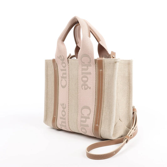 Petit sac à main Chloé Woody en toile et cuir beige