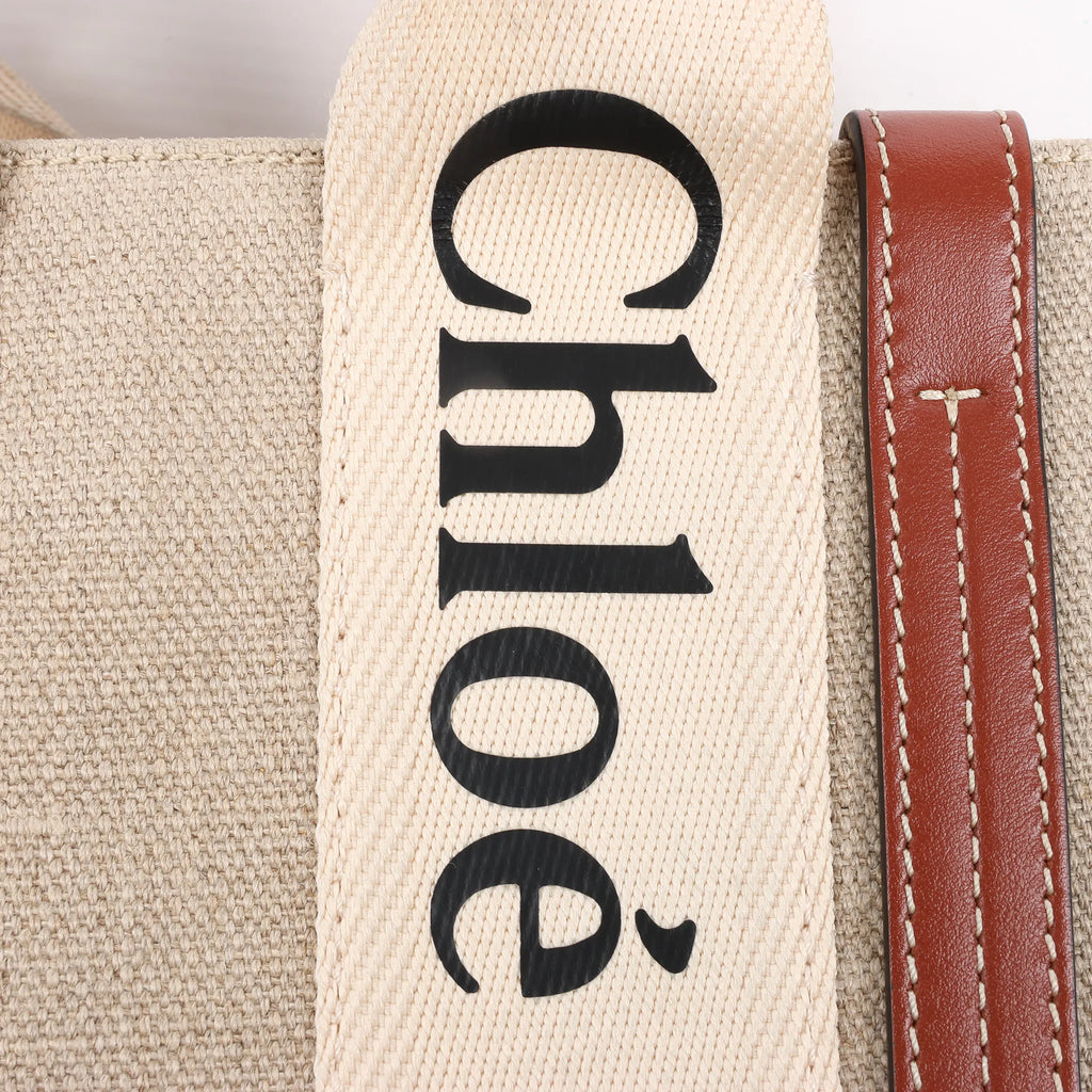 Chloé Woody Small Canvas & Leather 2Way Handbag in Beige x Brown