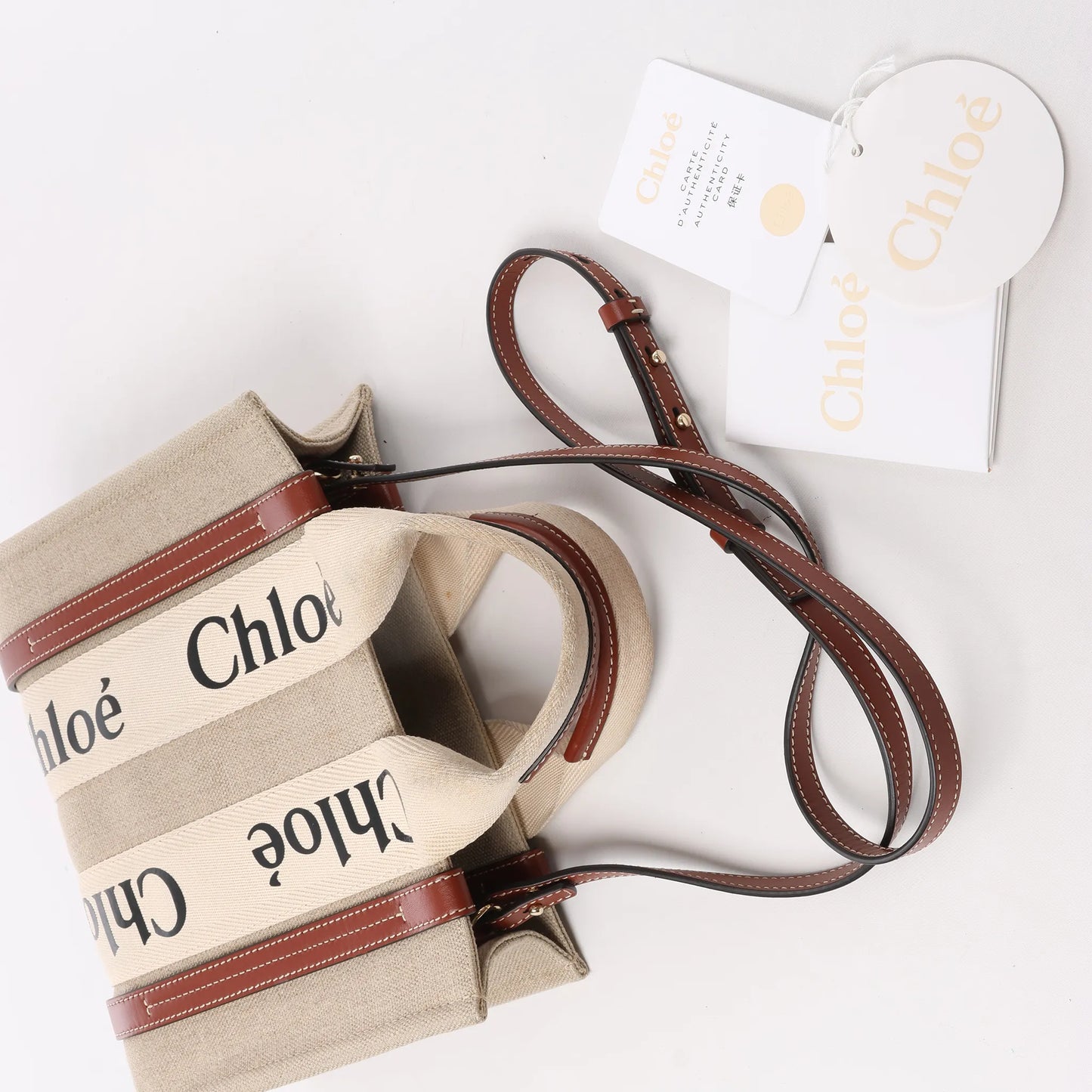 Chloé Woody Small Canvas & Leather 2Way Handbag in Beige x Brown