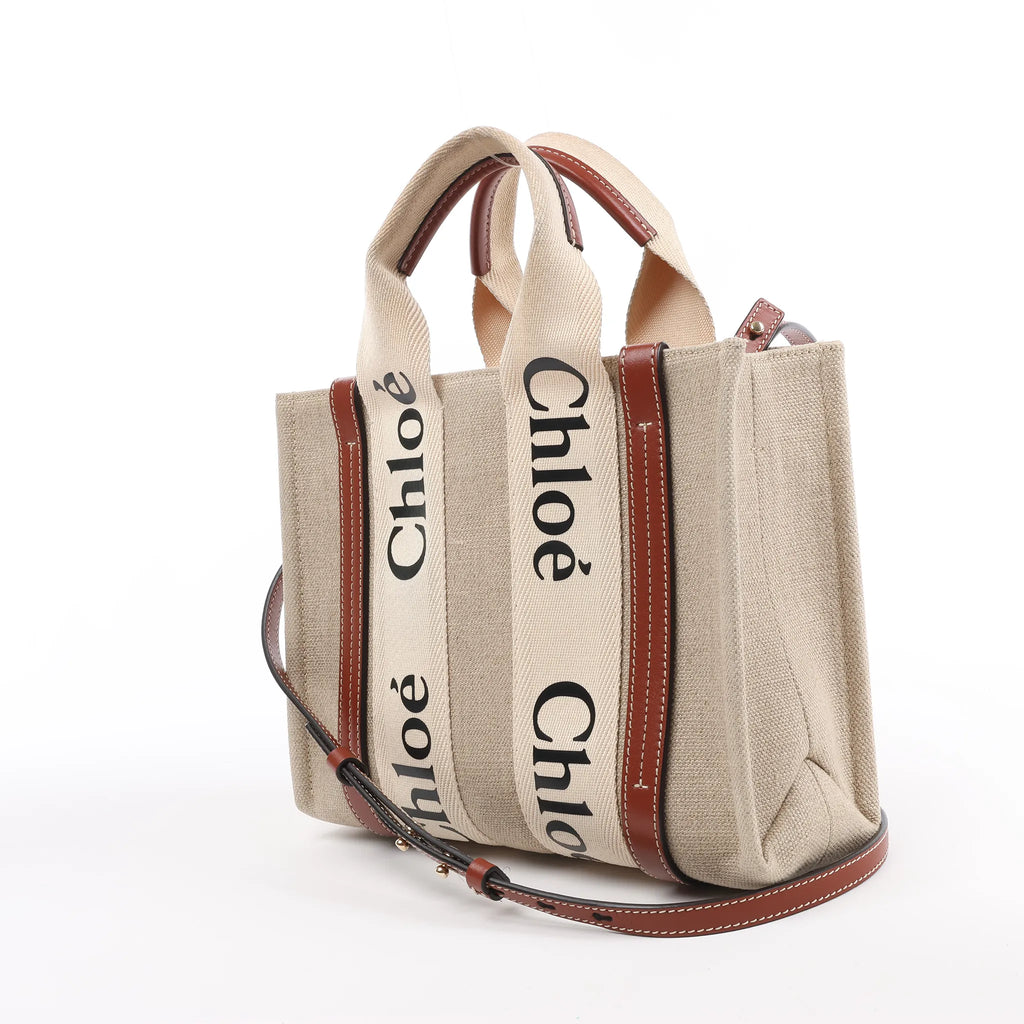 Chloé Woody Small Canvas & Leather 2Way Handbag in Beige x Brown