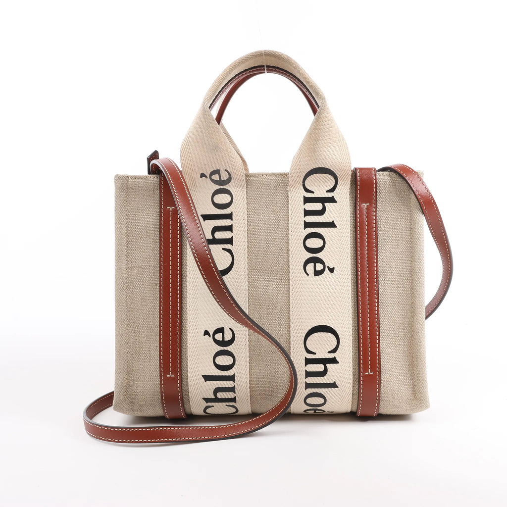 Chloé Woody Small Canvas & Leather 2Way Handbag in Beige x Brown