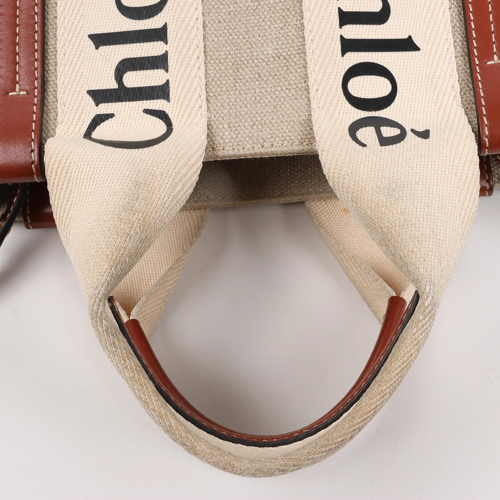 Chloé Woody Small Canvas & Leather 2Way Handbag in Beige x Brown