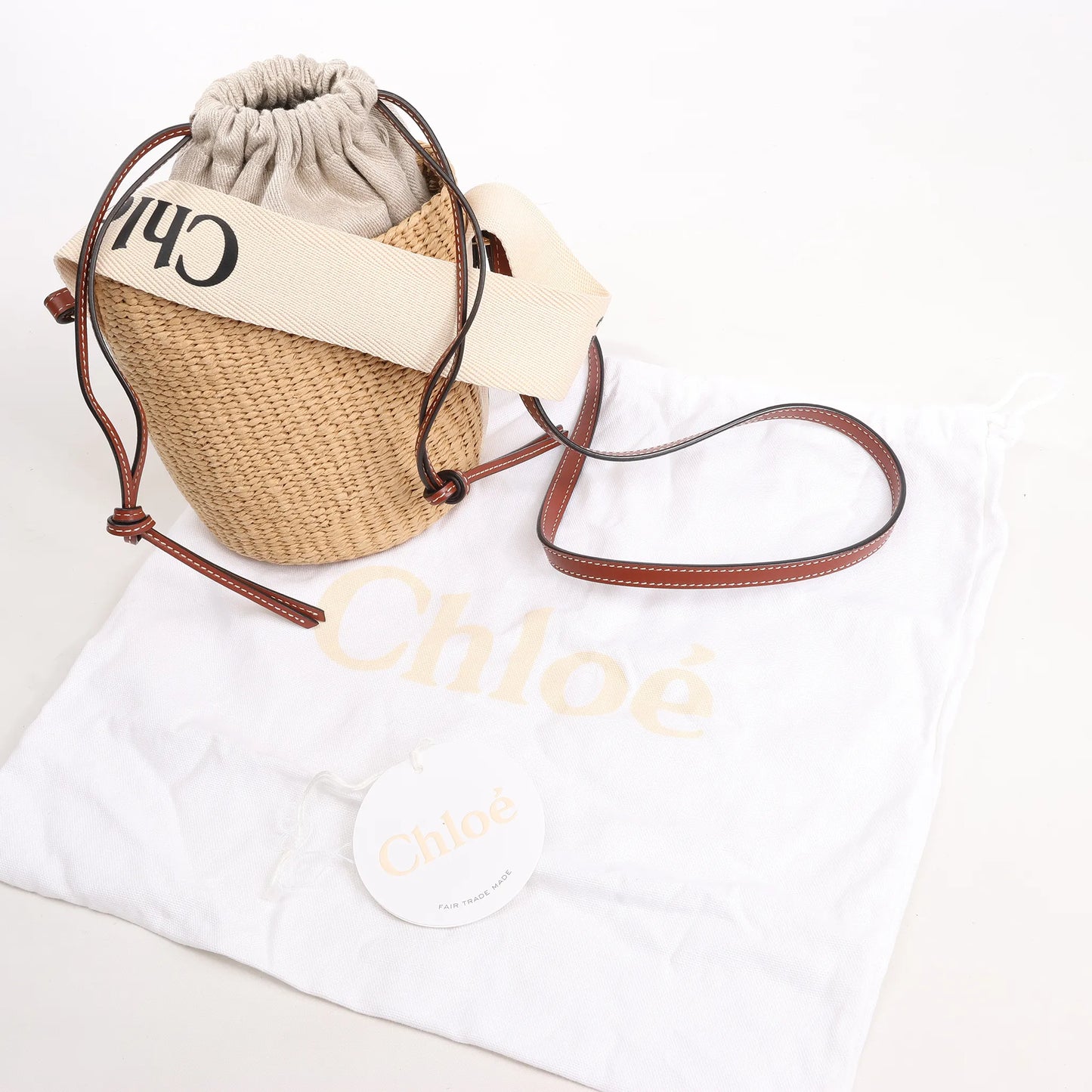 Chloe x Mifuko Sense Buckets Raffia x Leather 2Way Handbag in Beige x Brown