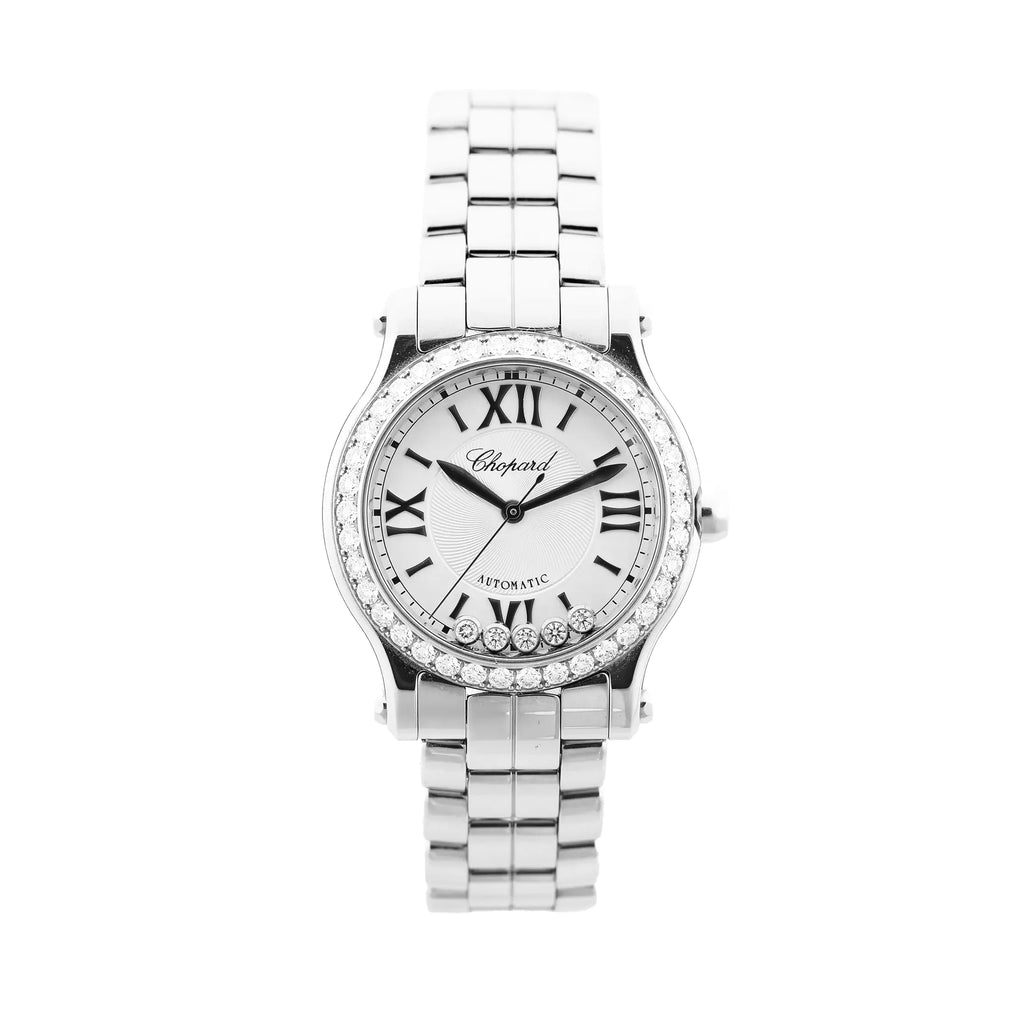 Chopard Happy Sport stainless steel bracelet watch with a white dial, black Roman numeral hour markers, diamond-set bezel, and five floating diamonds near the 6 o’clock position, shown on a white background.