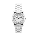 Chopard Happy Sport stainless steel bracelet watch with a white dial, black Roman numeral hour markers, diamond-set bezel, and five floating diamonds near the 6 o’clock position, shown on a white background.