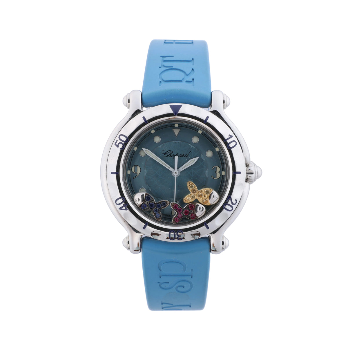Chopard Happy Sport Happy Fish watch with blue dial, stainless steel case, floating fish motifs and bright blue rubber strap.