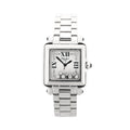 Chopard Happy Sport stainless steel square watch with white Roman numeral dial, black hands, floating diamonds at the bottom of the dial, and stainless steel bracelet.