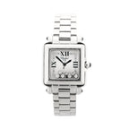 Chopard Happy Sport stainless steel square watch with white Roman numeral dial, black hands, floating diamonds at the bottom of the dial, and stainless steel bracelet.