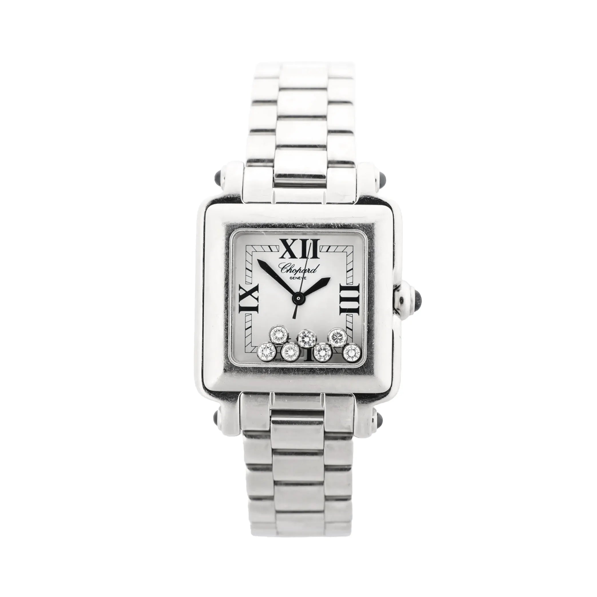 Chopard Happy Sport stainless steel square watch with white Roman numeral dial, black hands, floating diamonds at the bottom of the dial, and stainless steel bracelet.