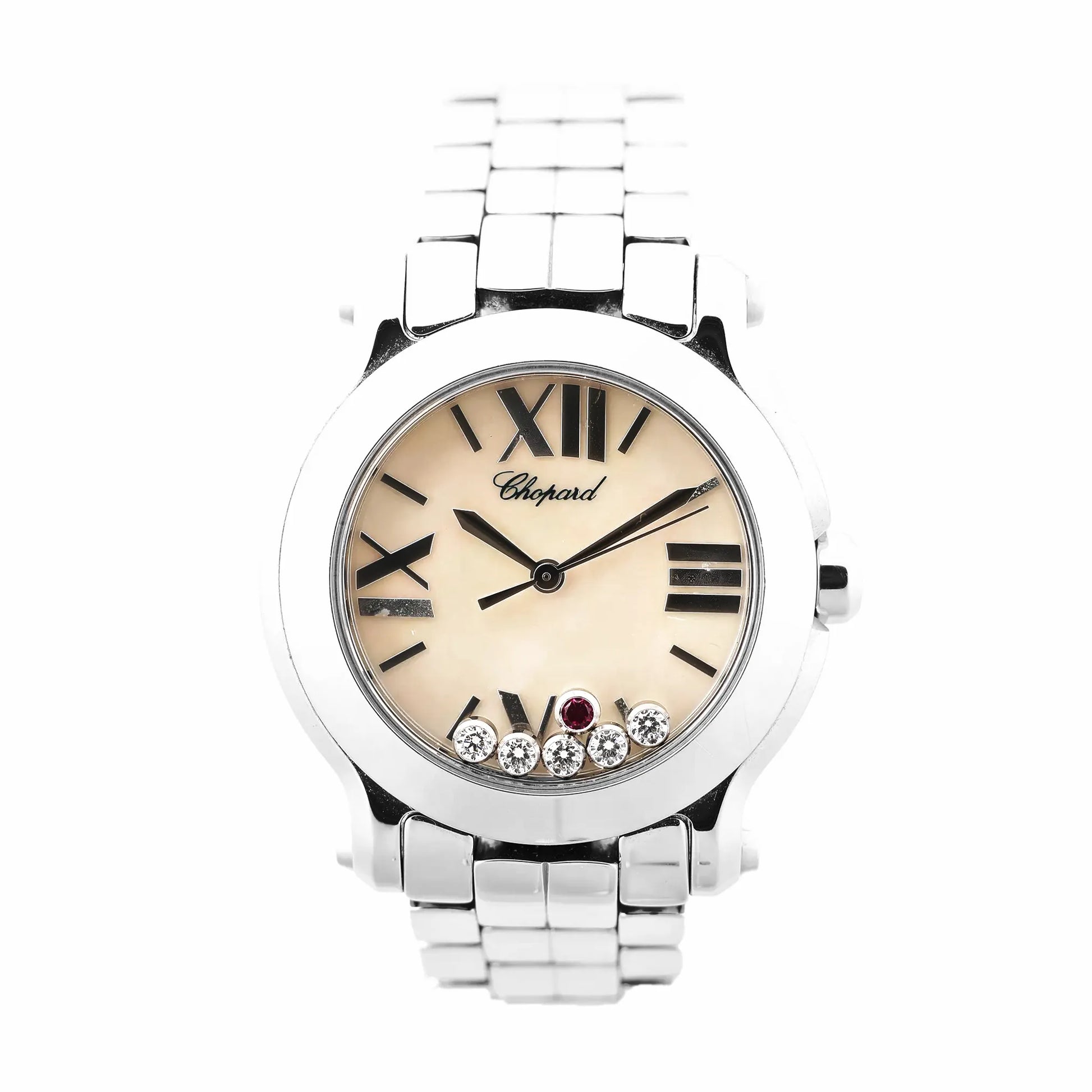 Chopard Happy Sport 278509-3006 watch featuring a mother-of-pearl dial with black Roman numerals, stainless steel case and bracelet, and six floating diamonds including one red stone.