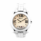Chopard Happy Sport 278509-3006 watch featuring a mother-of-pearl dial with black Roman numerals, stainless steel case and bracelet, and six floating diamonds including one red stone.