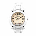 Chopard Happy Sport 278509-3006 watch featuring a mother-of-pearl dial with black Roman numerals, stainless steel case and bracelet, and six floating diamonds including one red stone.