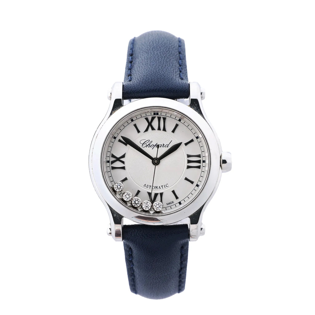 Chopard Happy Sport watch with silver dial, Roman numeral markers, floating diamond accents, stainless steel case and blue leather strap.