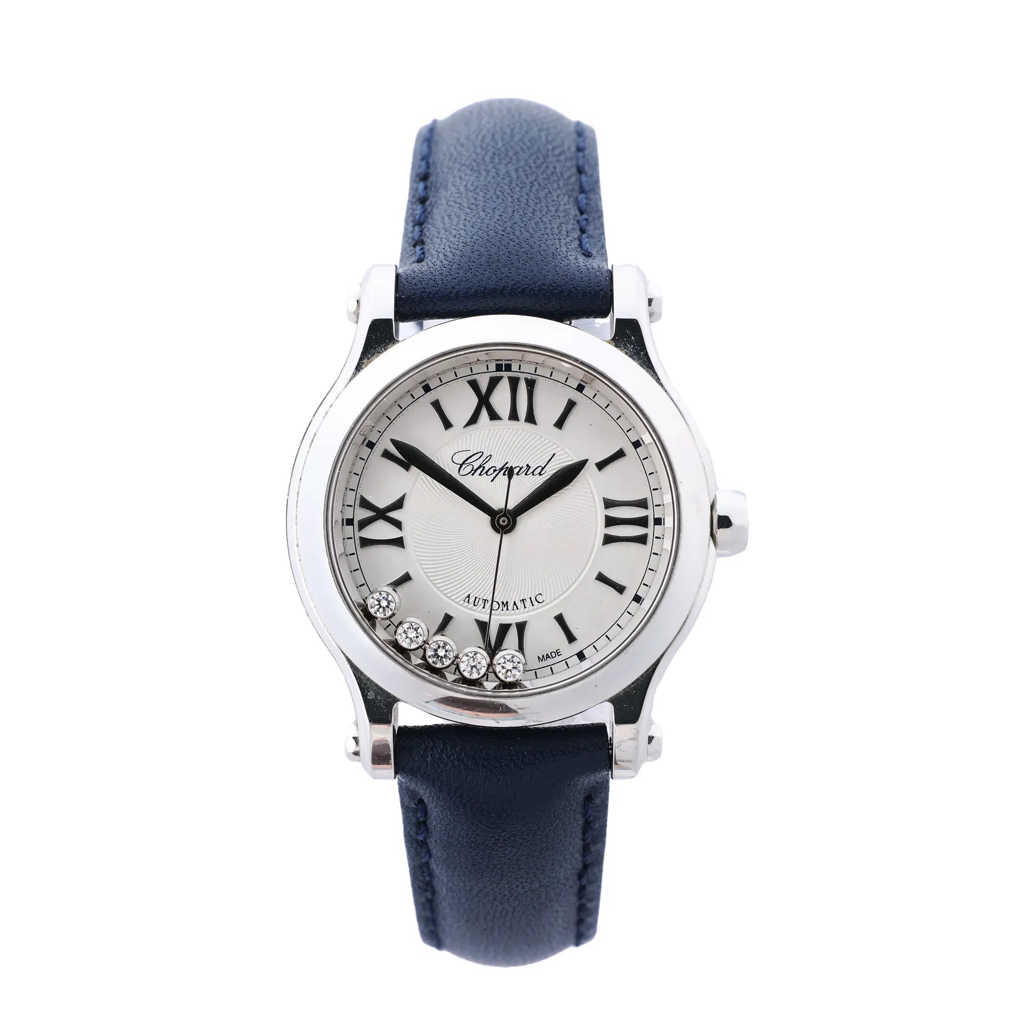 Chopard Happy Sport watch with silver dial, Roman numeral markers, floating diamond accents, stainless steel case and blue leather strap.