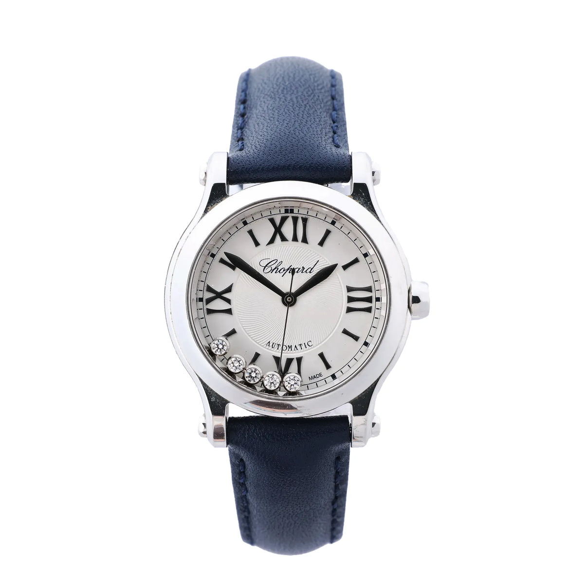 Chopard Happy Sport watch with silver dial, Roman numeral markers, floating diamond accents, stainless steel case and blue leather strap.