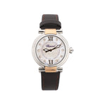 Chopard Imperiale watch with a white mother-of-pearl dial, Roman numerals, sparkling hour markers, rose gold-tone accents and a dark leather strap.