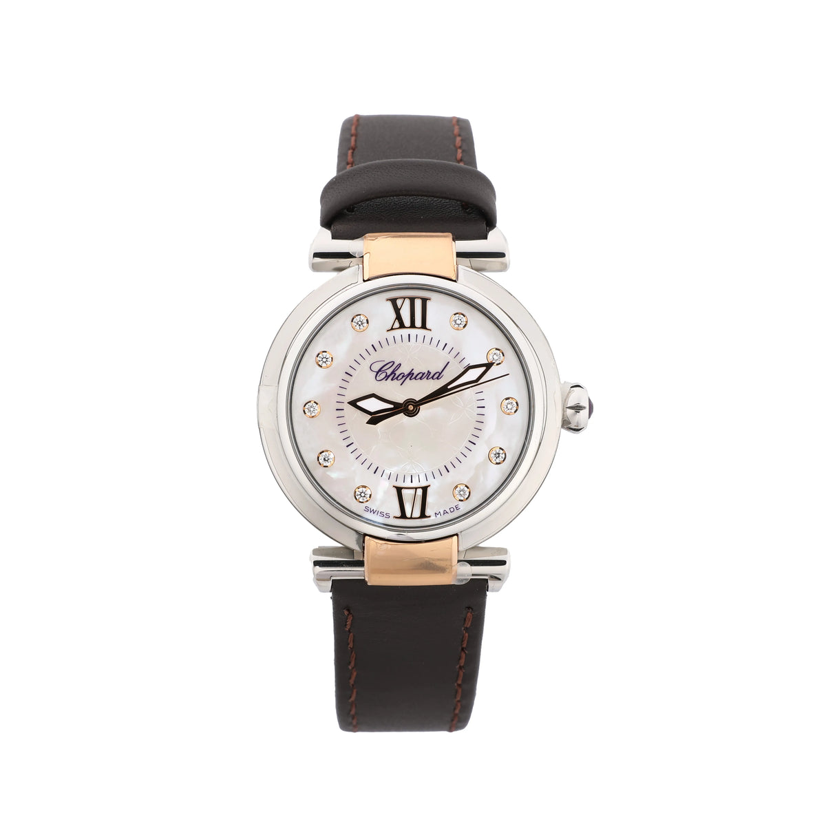 Chopard Imperiale watch with a white mother-of-pearl dial, Roman numerals, sparkling hour markers, rose gold-tone accents and a dark leather strap.