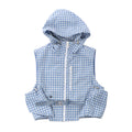Christian Dior sleeveless hooded vest in blue and white houndstooth pattern with front zip closure, chest zip pocket, utility pockets and adjustable waist belt on white background.