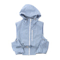 Christian Dior sleeveless hooded vest in blue and white houndstooth pattern with front zip closure, chest zip pocket, utility pockets and adjustable waist belt on white background.