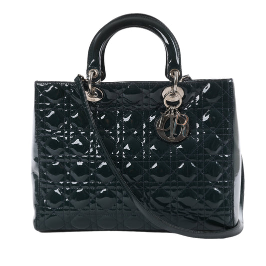 Dior Lady Dior Large Cannage Patent Leather 2Way Handbag in Green