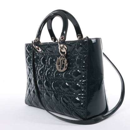 Dior Lady Dior Large Cannage Patent Leather 2Way Handbag in Green