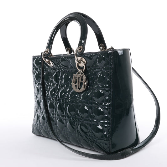Dior Lady Dior Large Cannage Patent Leather 2Way Handbag in Green