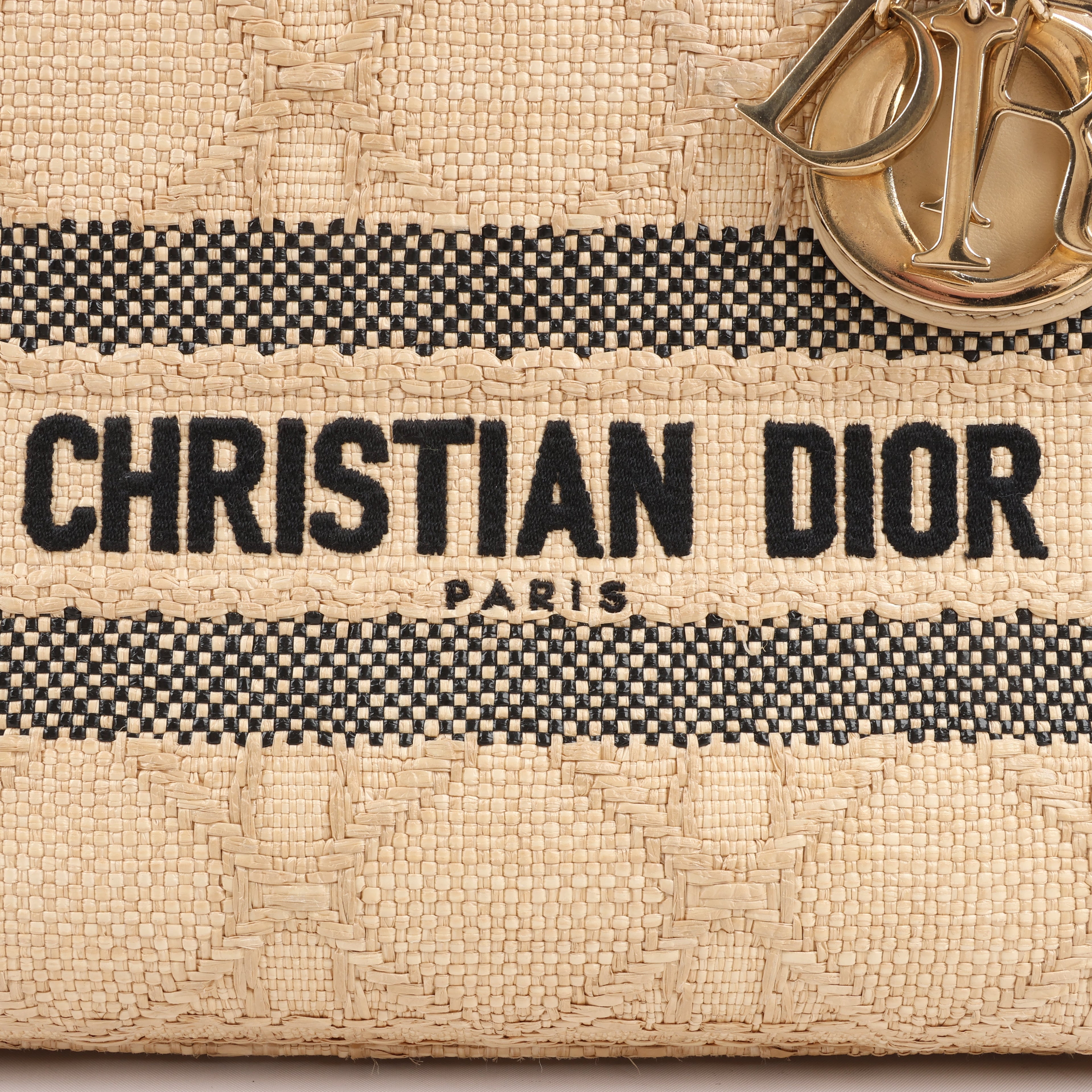 Dior Lady D-Lite Raffia Woven Cannage Embroidered Medium 2Way Handbag in Beige