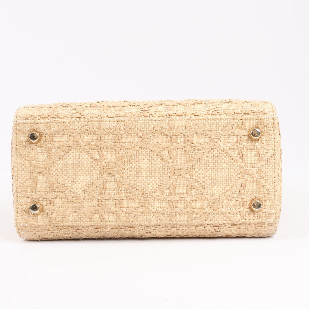 Dior Lady D-Lite Raffia Woven Cannage Embroidered Medium 2Way Handbag in Beige
