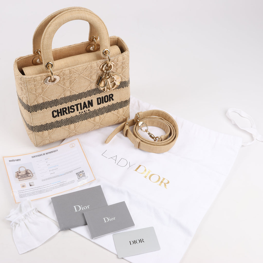 Dior Lady D-Lite Raffia Woven Cannage Embroidered Medium 2Way Handbag in Beige