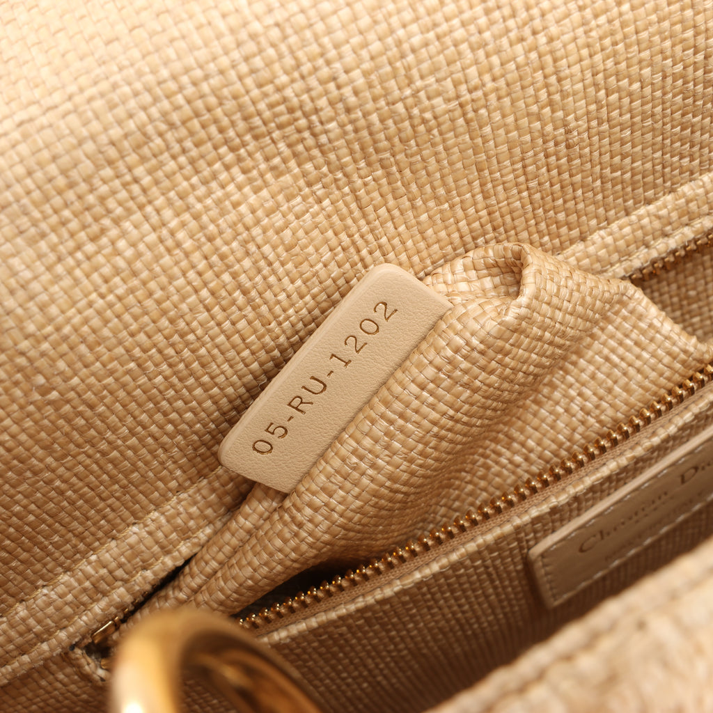 Dior Lady D-Lite Raffia Woven Cannage Embroidered Medium 2Way Handbag in Beige