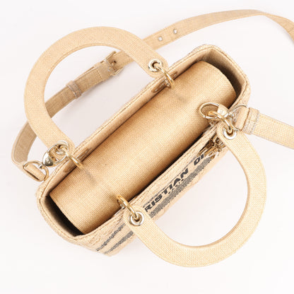 Dior Lady D-Lite Raffia Woven Cannage Embroidered Medium 2Way Handbag in Beige