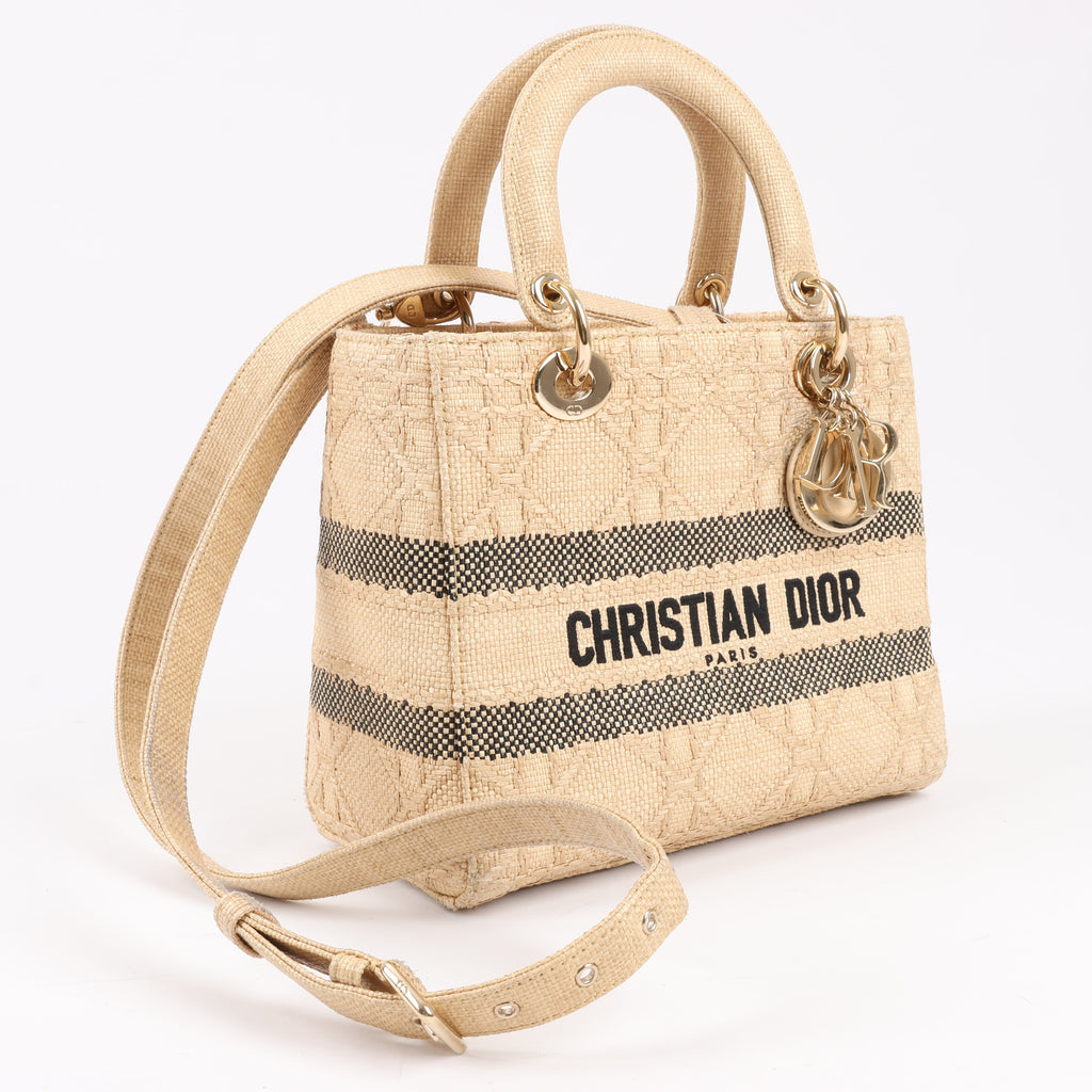 Dior Lady D-Lite Raffia Woven Cannage Embroidered Medium 2Way Handbag in Beige