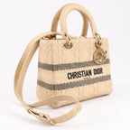 Dior Lady D-Lite Raffia Woven Cannage Embroidered Medium 2Way Handbag in Beige