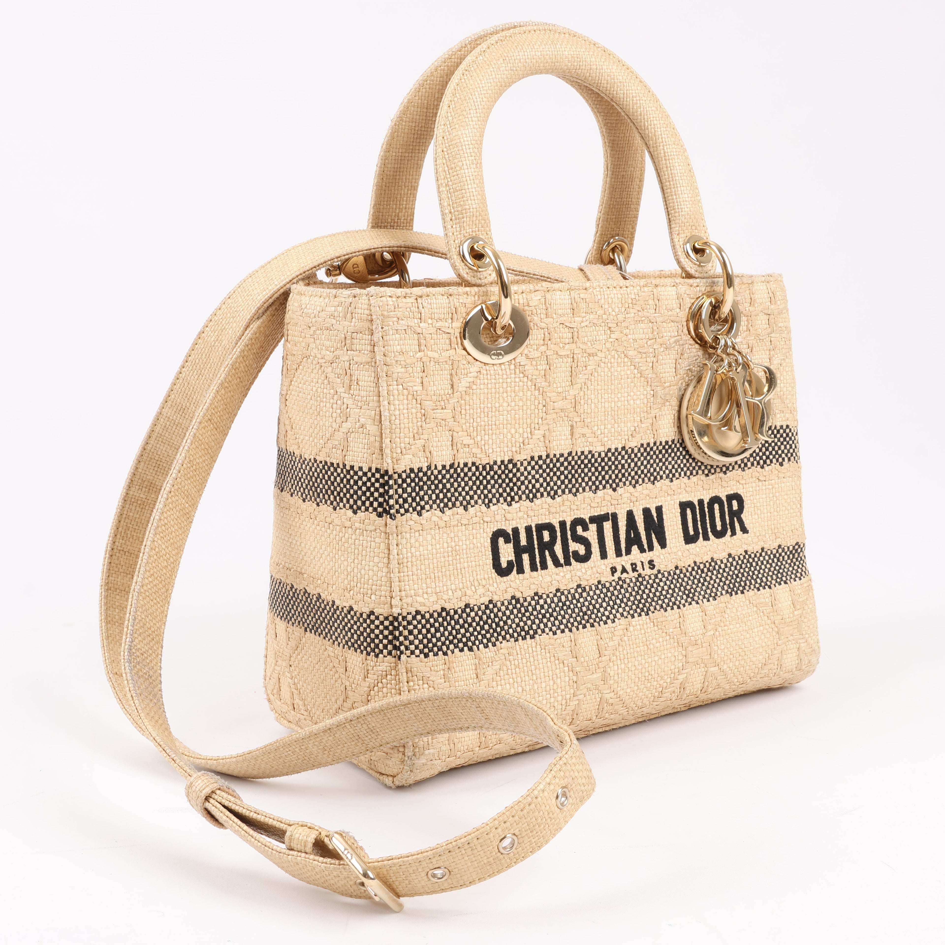 Dior Lady D-Lite Raffia Woven Cannage Embroidered Medium 2Way Handbag in Beige