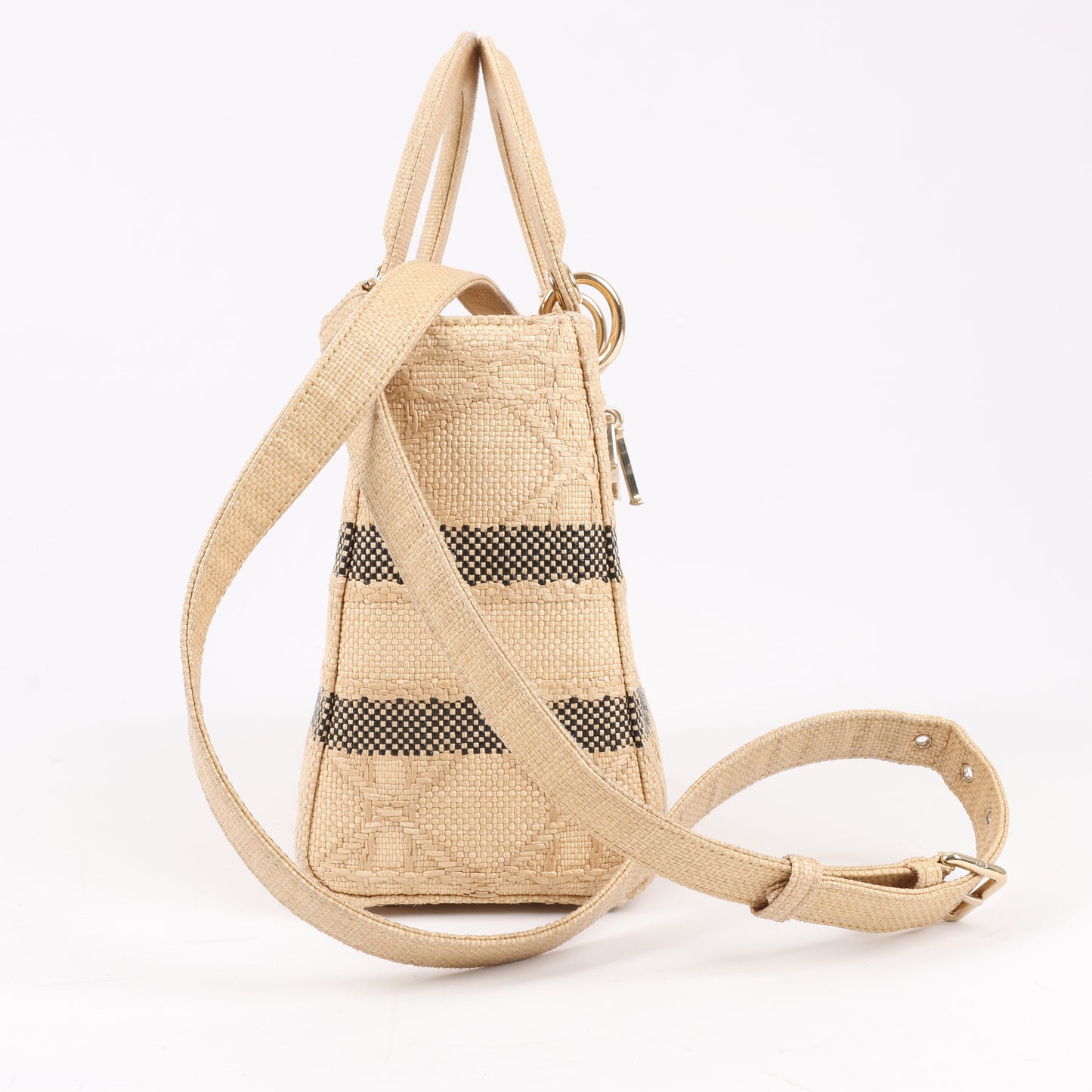 Dior Lady D-Lite Raffia Woven Cannage Embroidered Medium 2Way Handbag in Beige