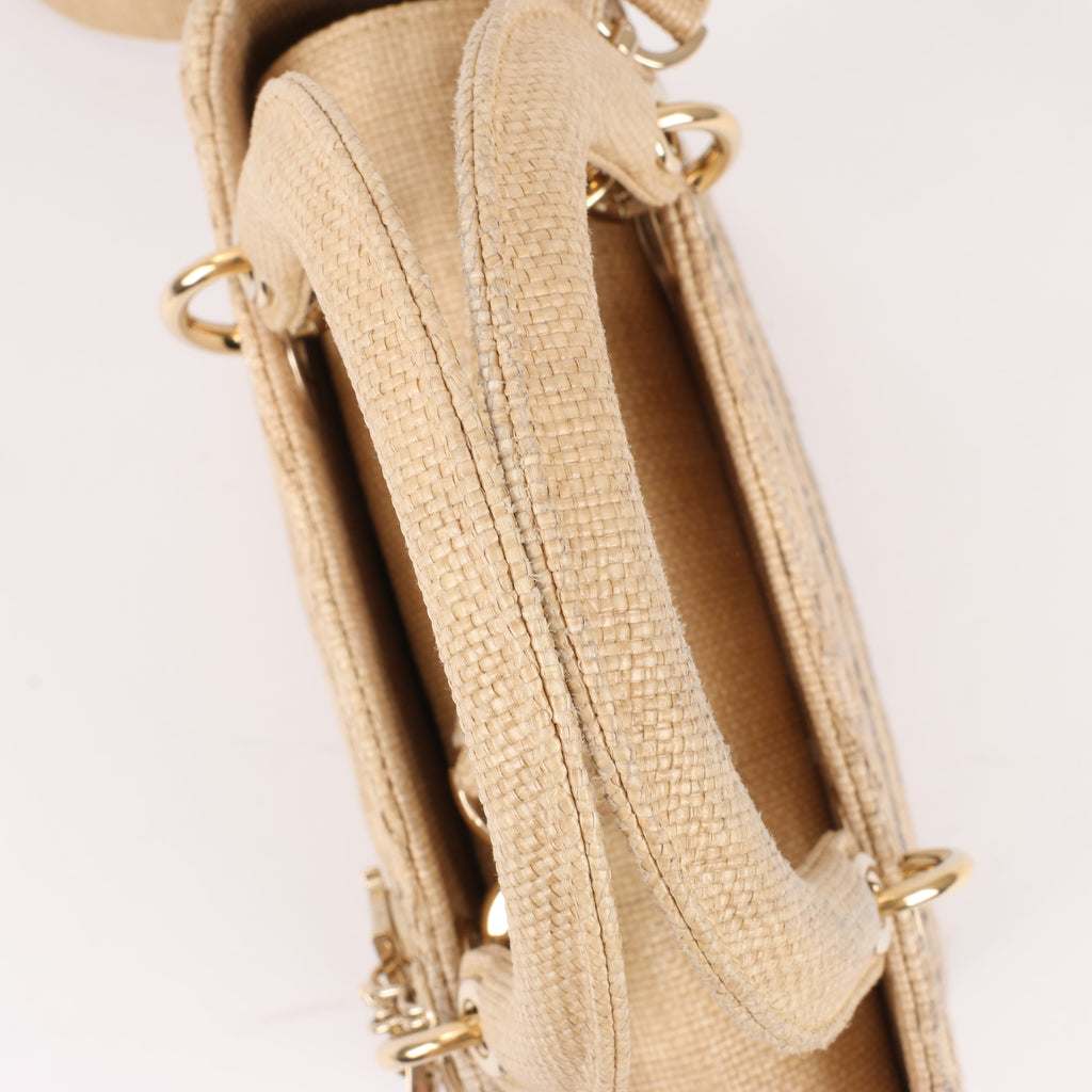 Dior Lady D-Lite Raffia Woven Cannage Embroidered Medium 2Way Handbag in Beige