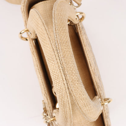 Dior Lady D-Lite Raffia Woven Cannage Embroidered Medium 2Way Handbag in Beige