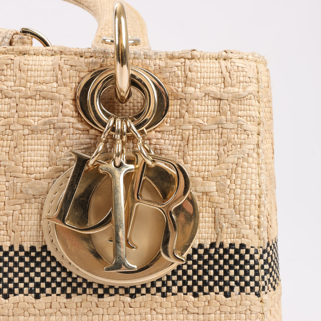 Dior Lady D-Lite Raffia Woven Cannage Embroidered Medium 2Way Handbag in Beige