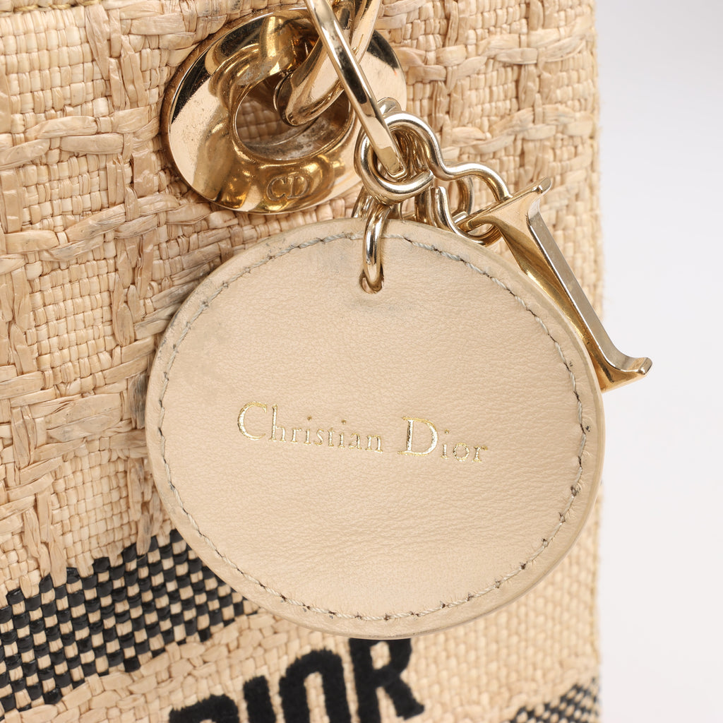 Dior Lady D-Lite Raffia Woven Cannage Embroidered Medium 2Way Handbag in Beige
