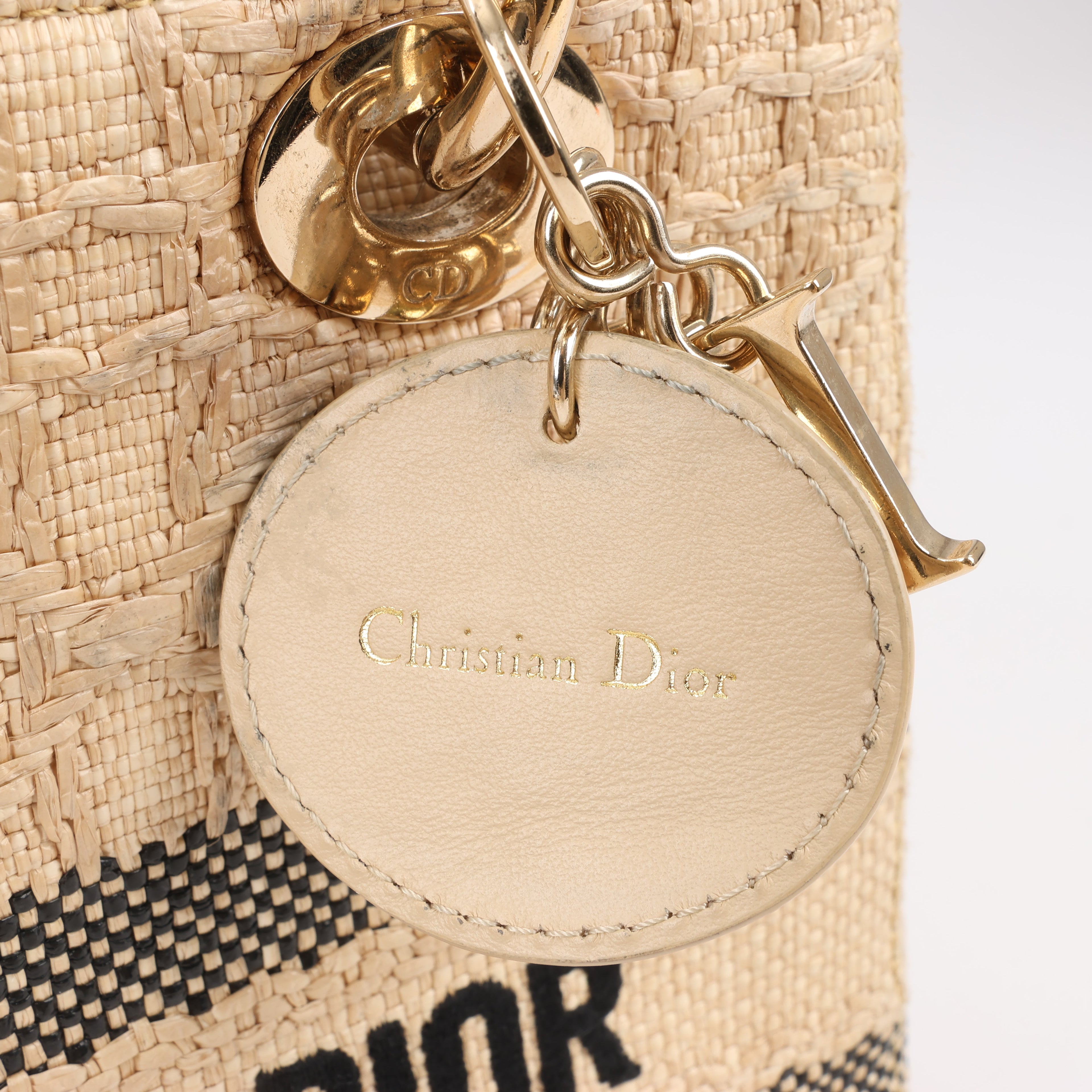 Dior Lady D-Lite Raffia Woven Cannage Embroidered Medium 2Way Handbag in Beige